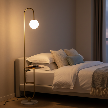NordHalo Arc | Scandinavian LED Floor Lamp with Side Table | Ridorn