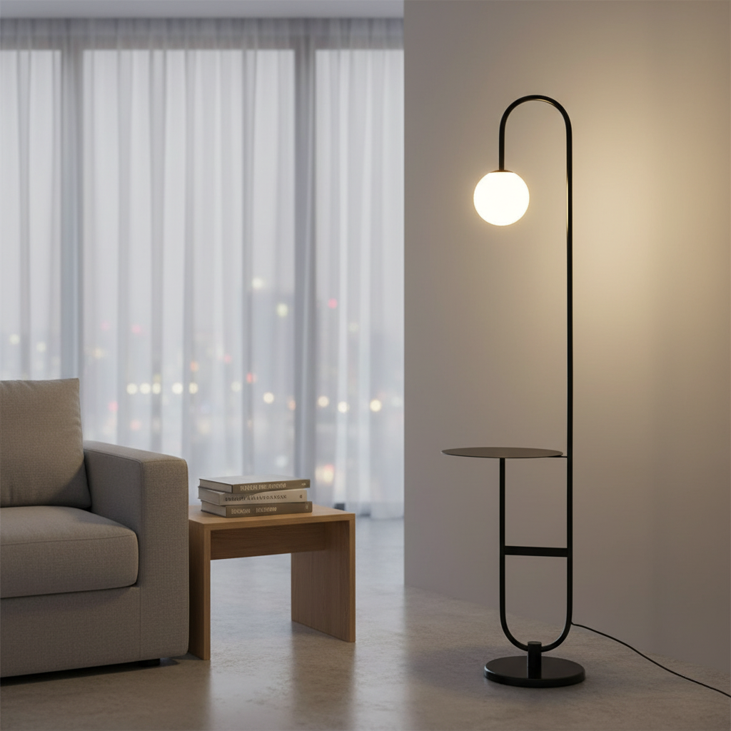 Scandinavian LED floor lamp with side table front view