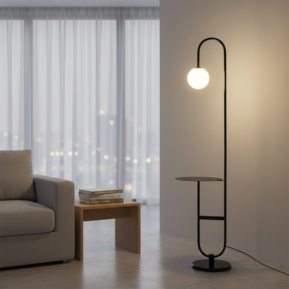 Scandinavian LED floor lamp with side table front view