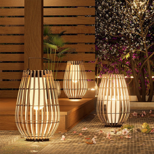 Outdoor solar rattan floor lamp handcrafted eco-friendly studio view