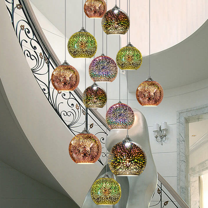 Contemporary glass and iron pendant light with fireworks effect studio view