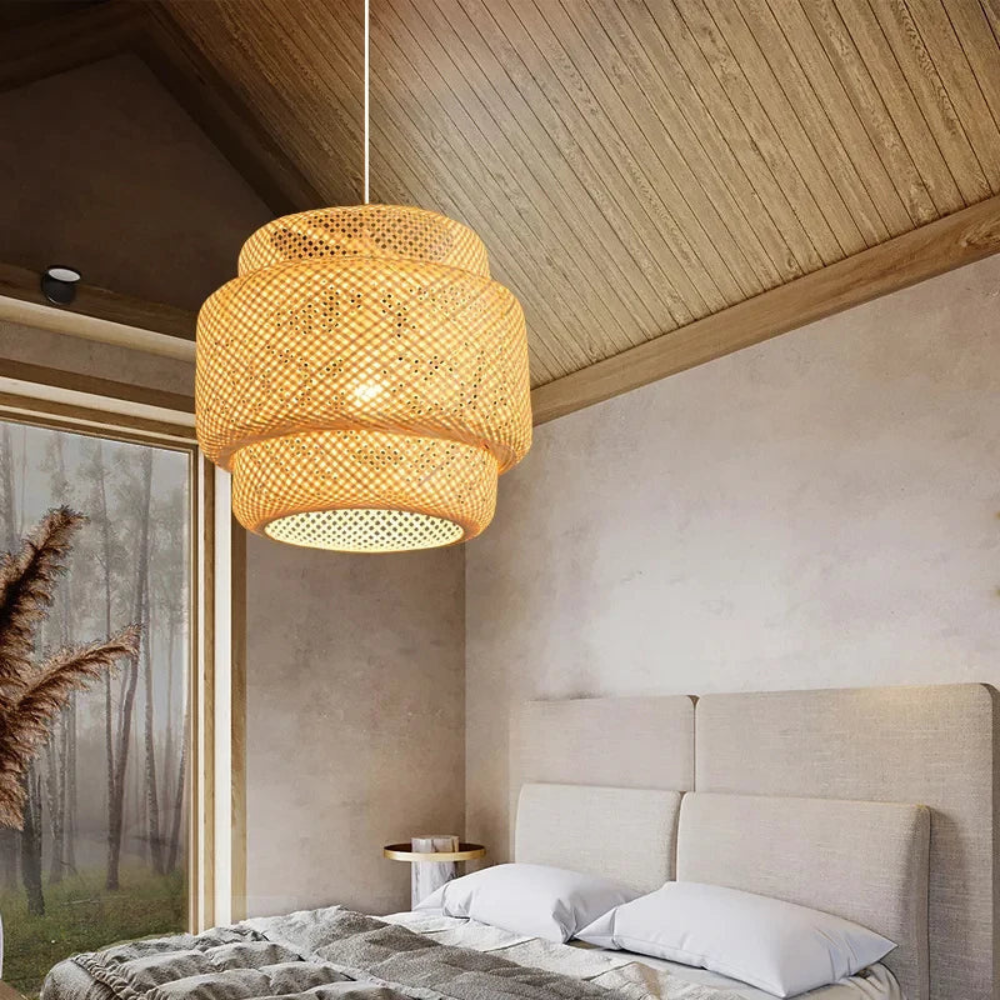 Vintage pendant light bamboo wood handwoven design studio view