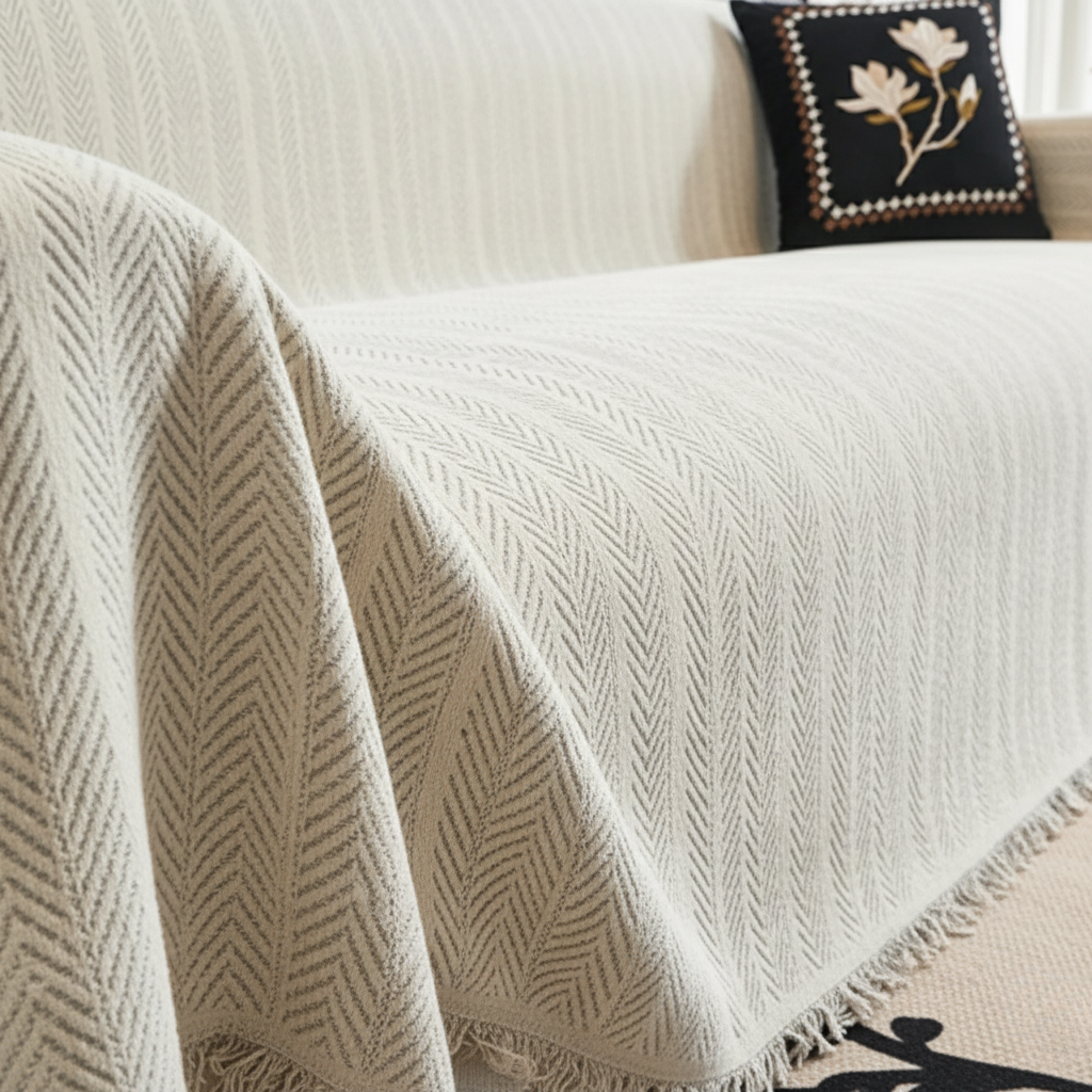 Pet-Friendly Herringbone Chenille Couch Cover with Tassels | Ridorn