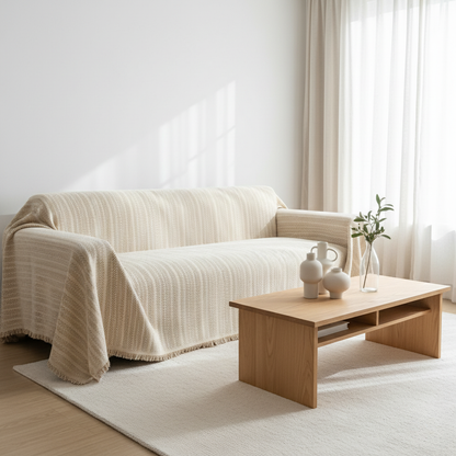 Pet-friendly herringbone chenille couch cover with tassels studio view