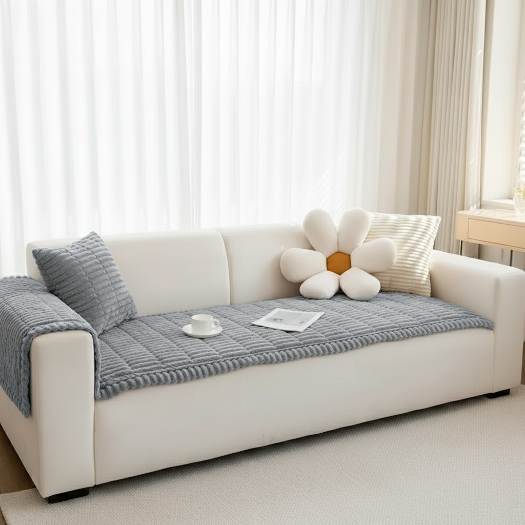 Pet-friendly plush couch cover with pleated edges studio view