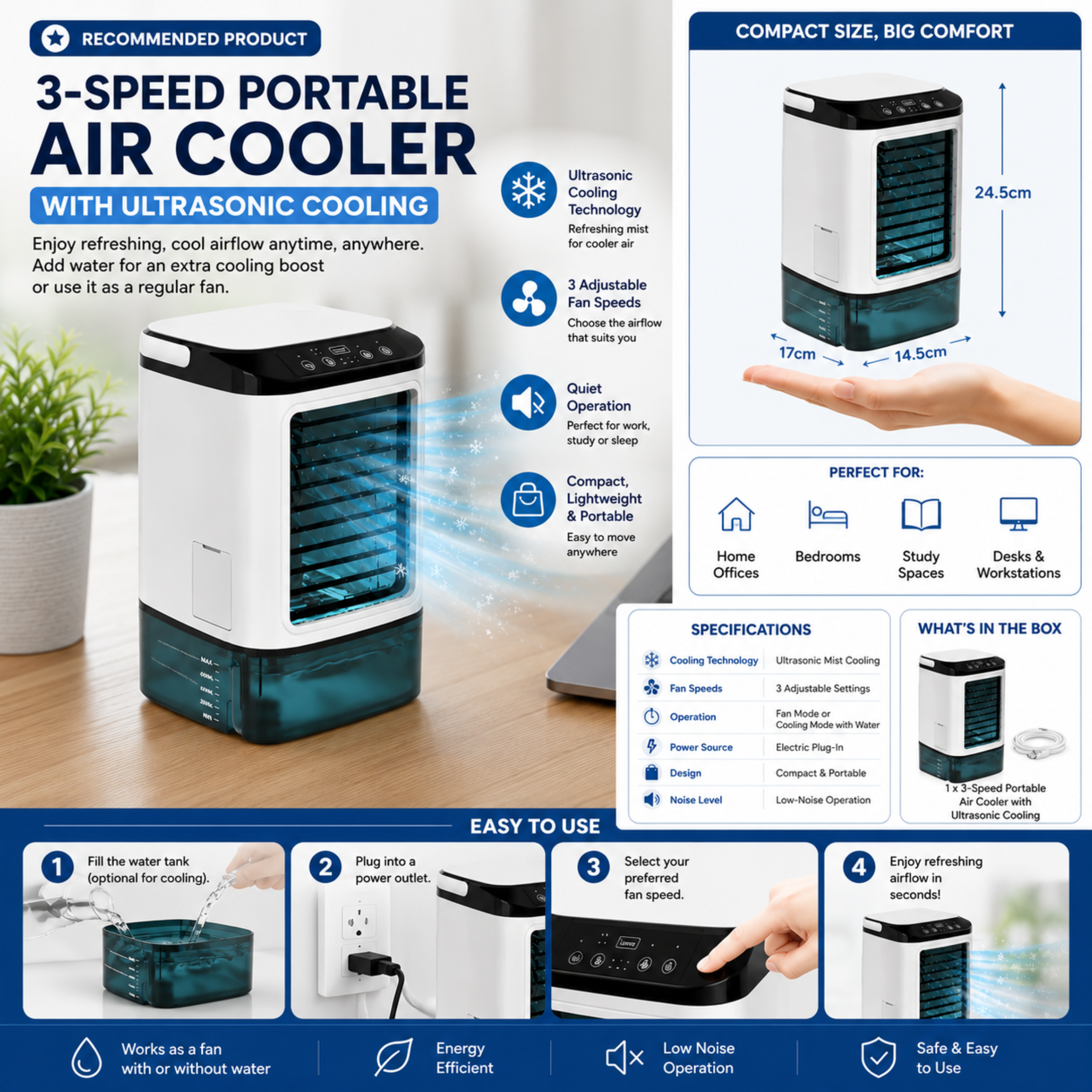 Portable Air Conditioner 3-Speed, Compact Ultrasonic Cooling Fan for Desk & Bedroom-Ridorn