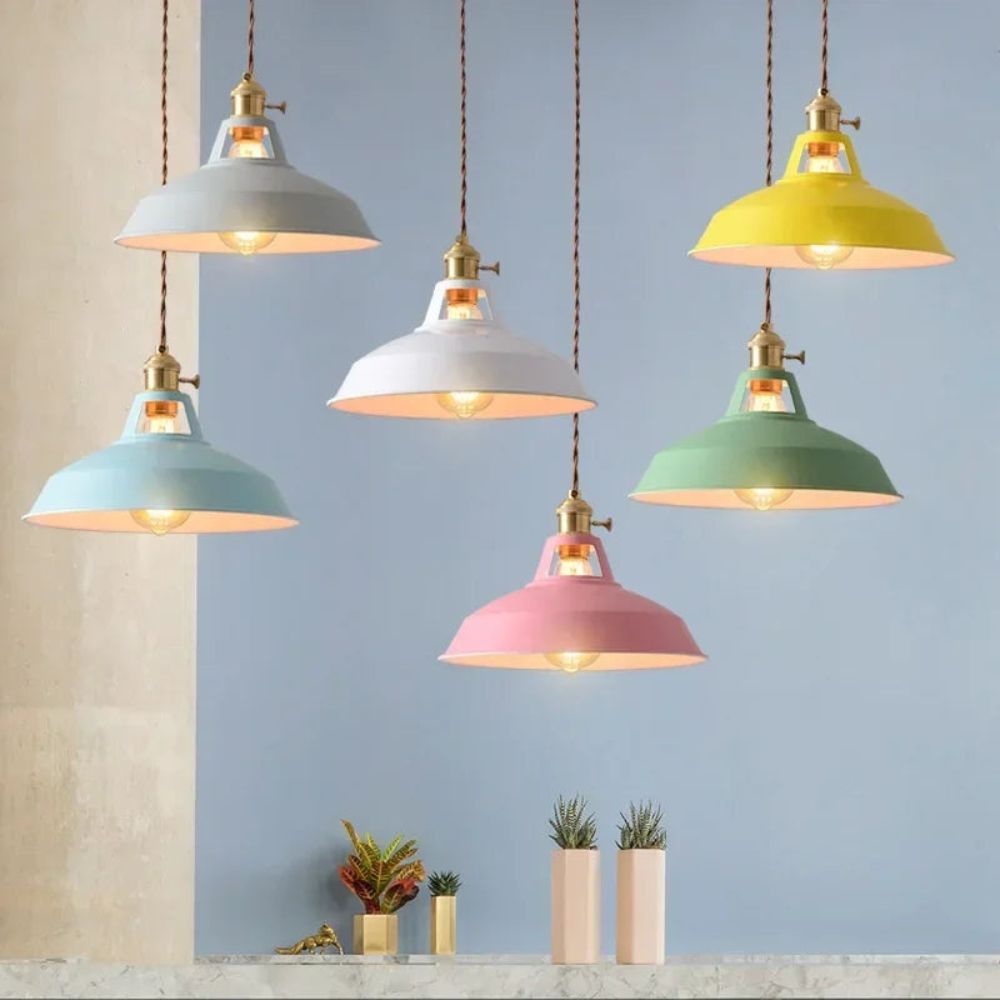 Modern colorful pendant light with brushed finish front view