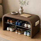 Unisex black faux leather shoe storage bench front view