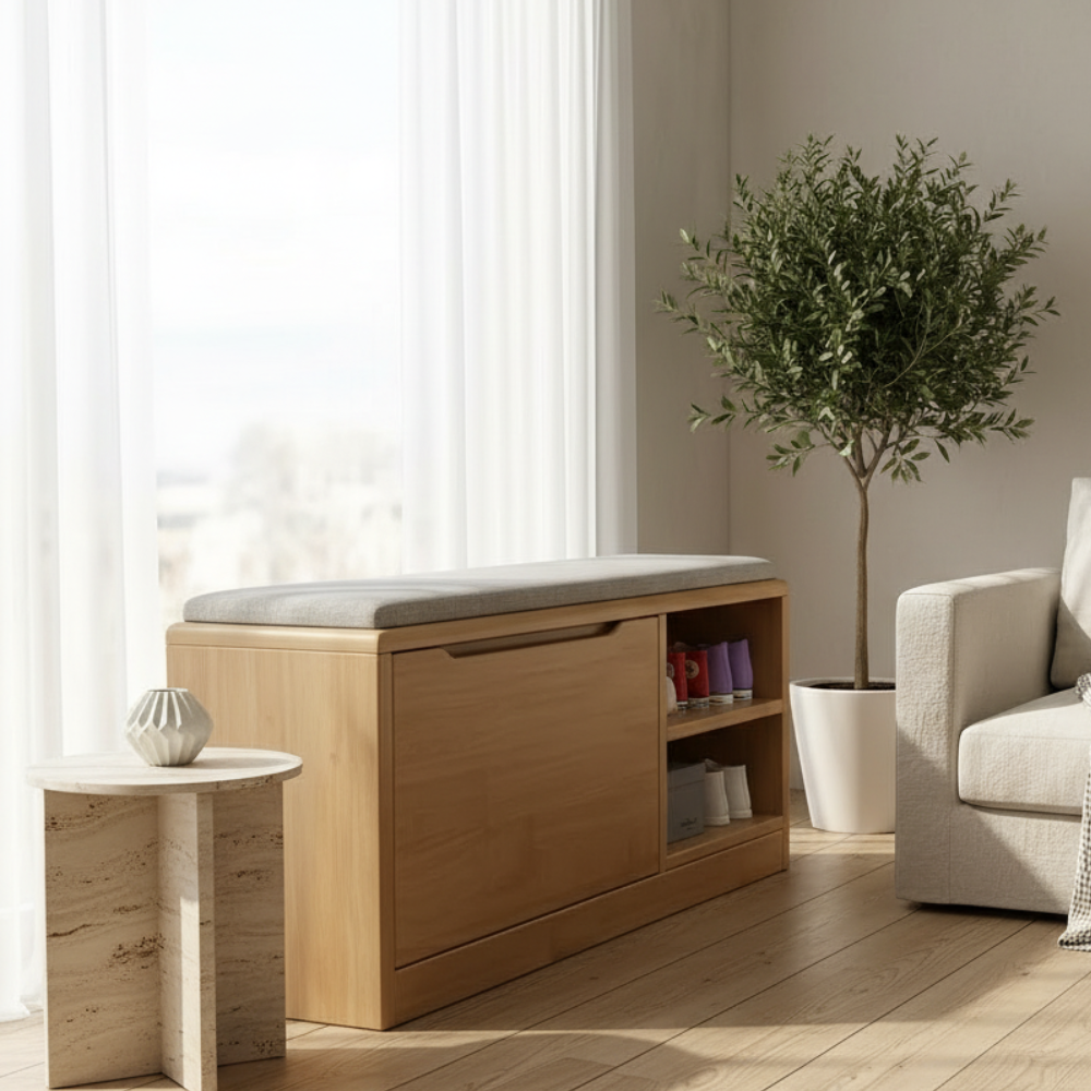 Scandinavian 2-Tier Shoe Storage Cabinet with Cushioned Seat | Ridorn-Shoe Storage-Ridorn