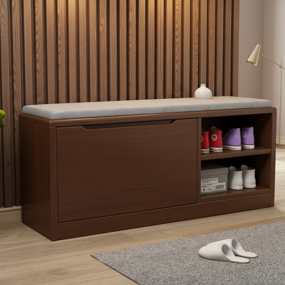 Scandinavian 2-Tier Shoe Storage Cabinet with Cushioned Seat | Ridorn-Shoe Storage-Ridorn