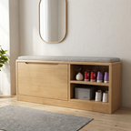 Scandinavian natural wood 2-tier shoe storage cabinet with cushioned seat front view