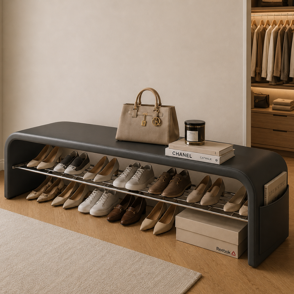 Scandinavian PU Leather Shoe Storage Bench with Cushion Seat | Ridorn-Benches-Ridorn