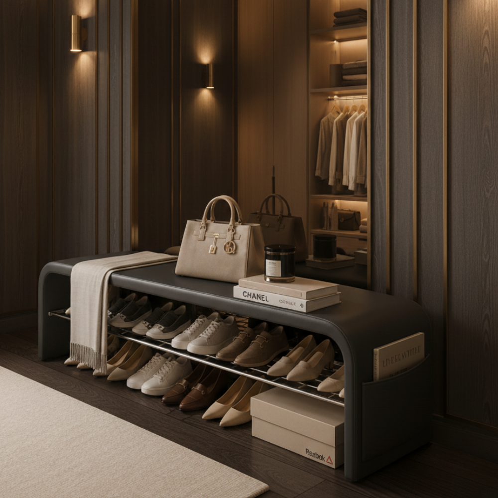 Scandinavian PU Leather Shoe Storage Bench with Cushion Seat | Ridorn-Benches-Ridorn