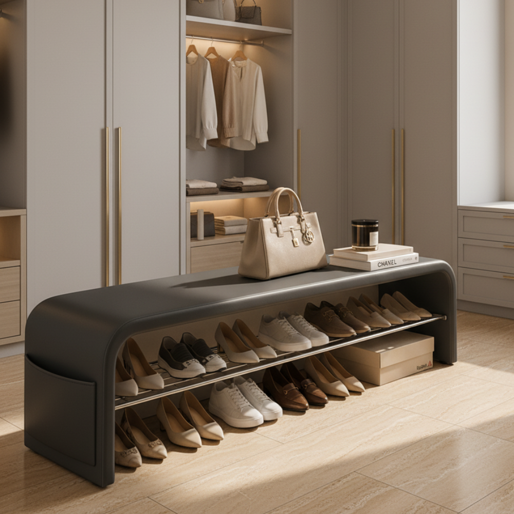 Scandinavian PU Leather Shoe Storage Bench with Cushion Seat | Ridorn-Benches-Ridorn