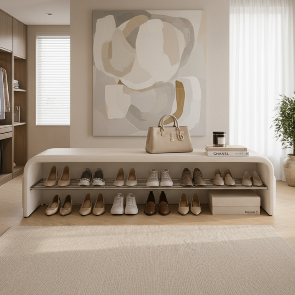 Scandinavian PU Leather Shoe Storage Bench with Cushion Seat | Ridorn-Benches-Ridorn