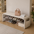 Scandinavian cream white shoe storage bench with cushion seat front view