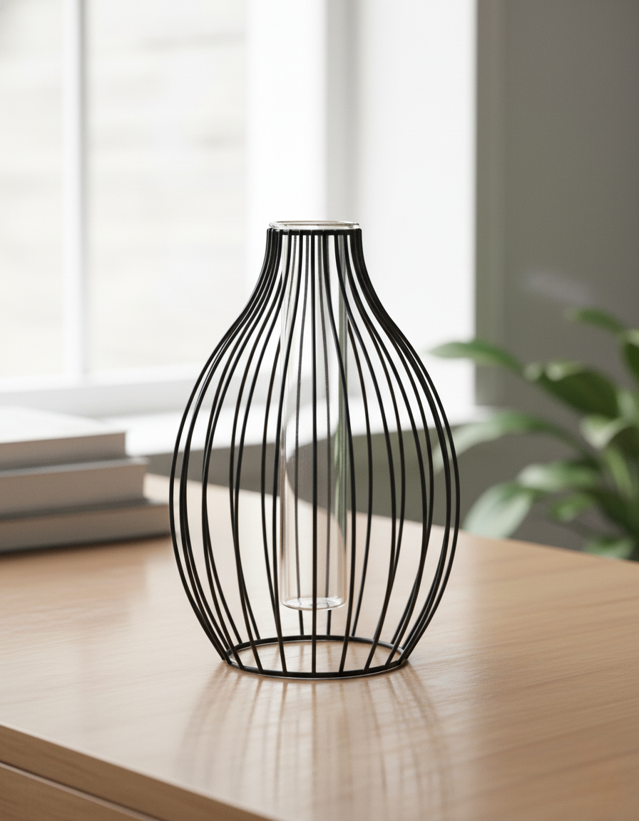 Contemporary matte black iron vase sculptural front view