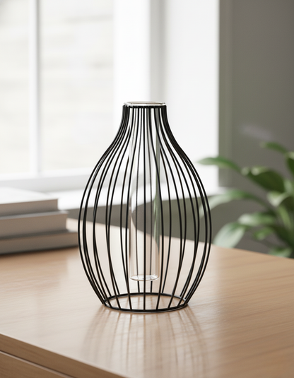 Contemporary matte black iron vase sculptural front view