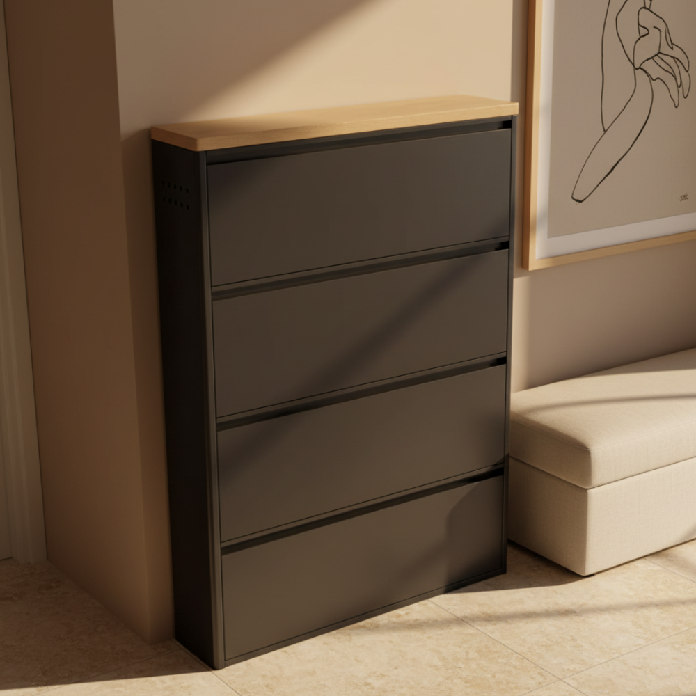 Sleek Minimalist Shoe Storage Cabinet with Flip Drawers | Ridorn-Shoe Storage-Ridorn