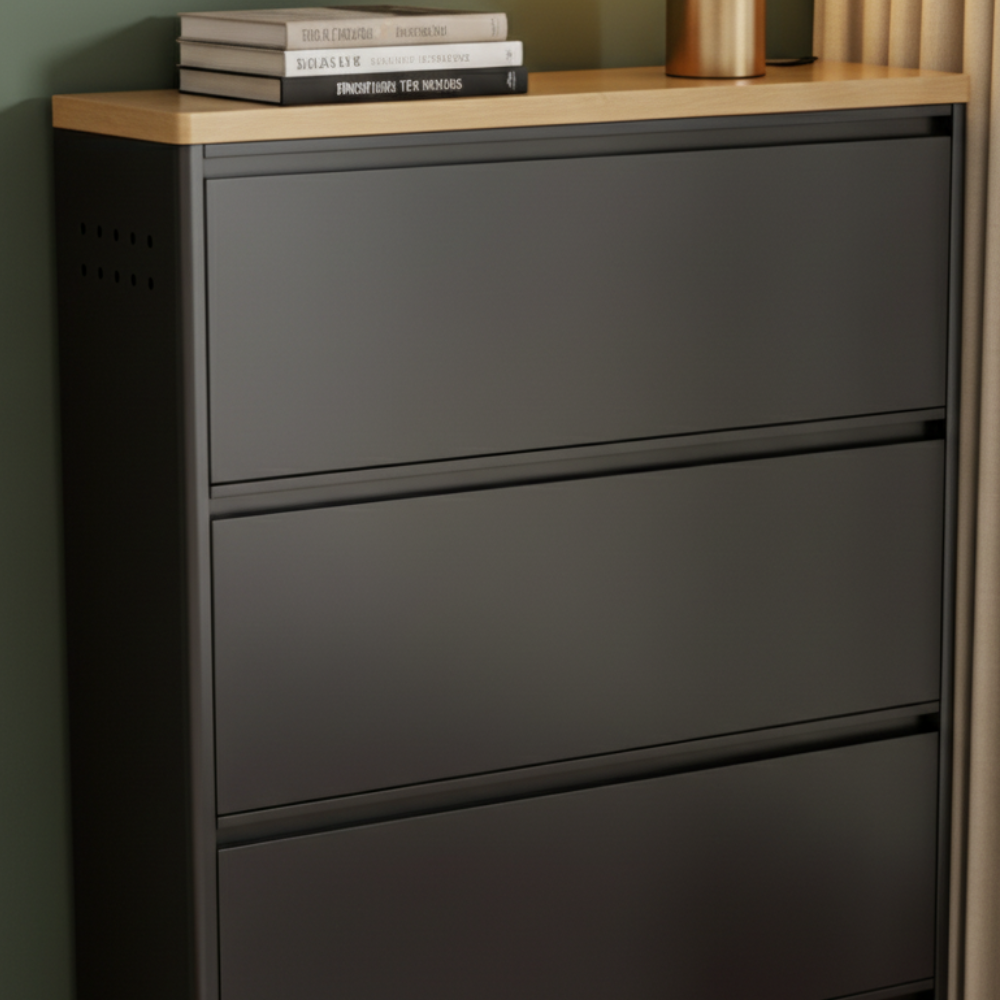 Sleek Minimalist Shoe Storage Cabinet with Flip Drawers | Ridorn-Shoe Storage-Ridorn