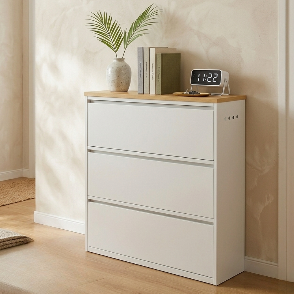 Sleek Minimalist Shoe Storage Cabinet with Flip Drawers | Ridorn-Shoe Storage-Ridorn