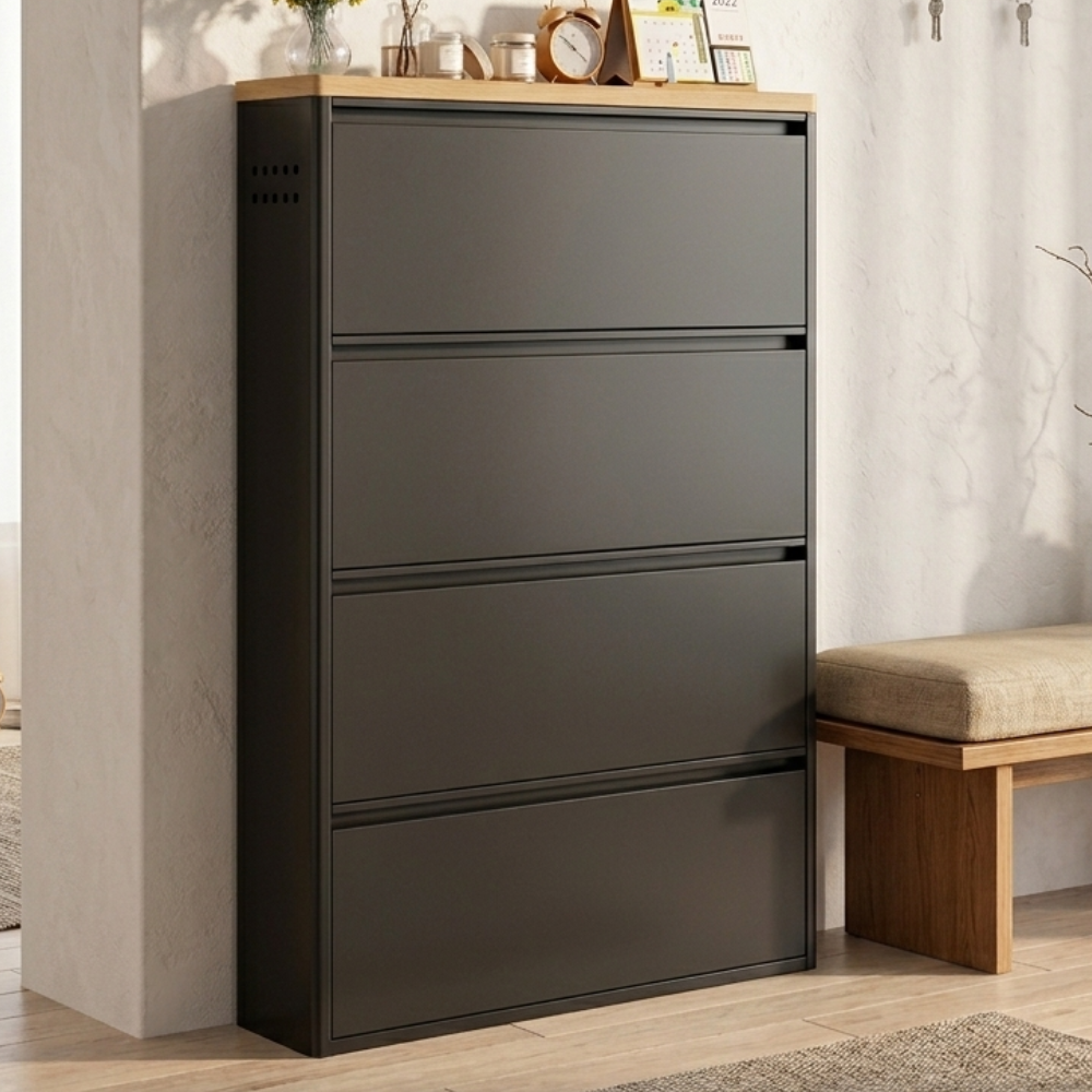 Sleek Minimalist Shoe Storage Cabinet with Flip Drawers | Ridorn-Shoe Storage-Ridorn