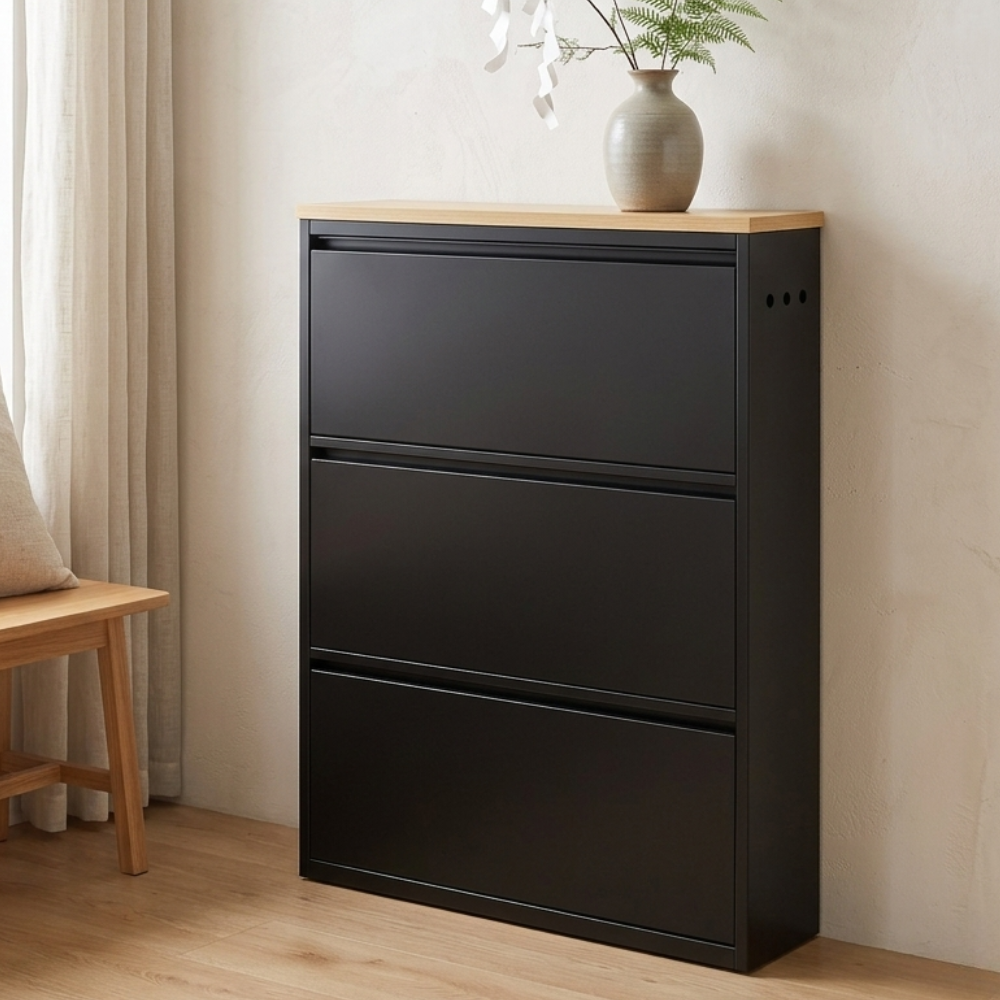 Minimalist black shoe storage cabinet with flip drawers front view