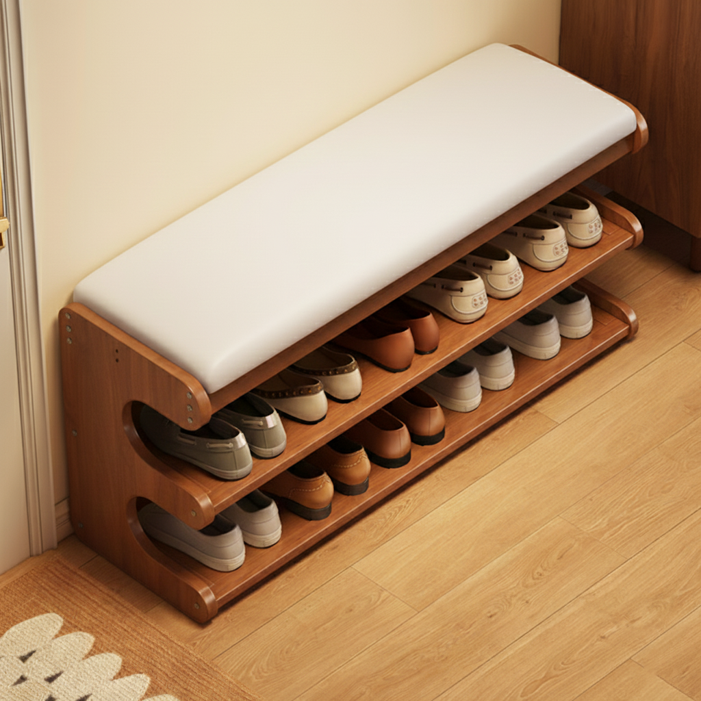 Stylish Bamboo Shoe Storage Bench with Comfortable PU Seat | Ridorn-Shoe Benches-Ridorn