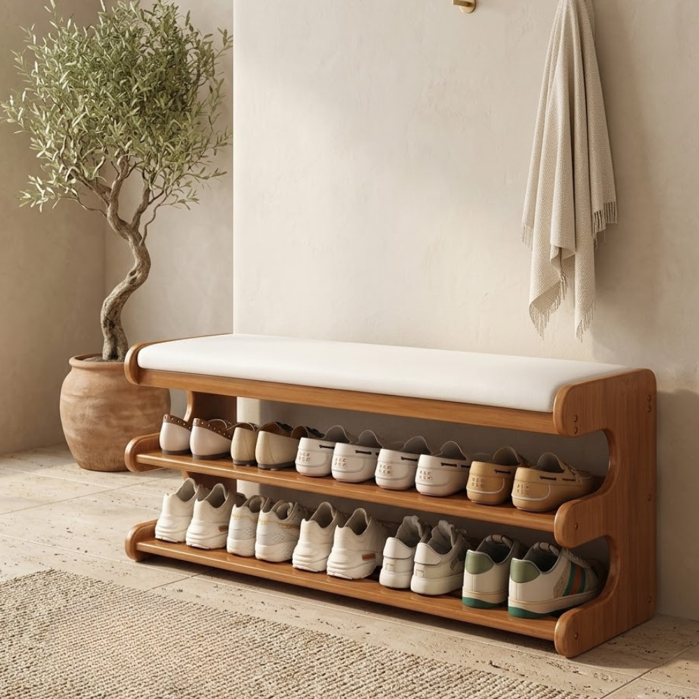 Stylish Bamboo Shoe Storage Bench with Comfortable PU Seat | Ridorn-Shoe Benches-Ridorn
