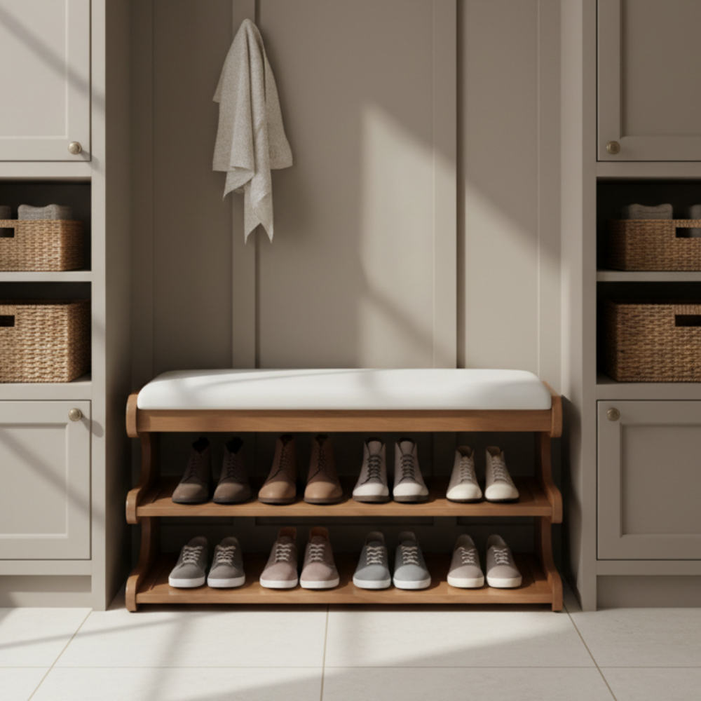 Stylish Bamboo Shoe Storage Bench with Comfortable PU Seat | Ridorn-Shoe Benches-Ridorn