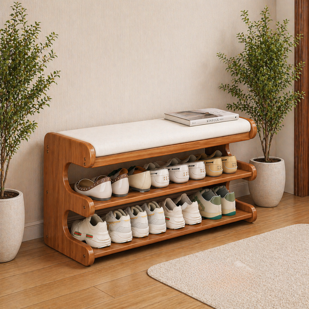 Stylish Bamboo Shoe Storage Bench with Comfortable PU Seat | Ridorn-Shoe Benches-Ridorn