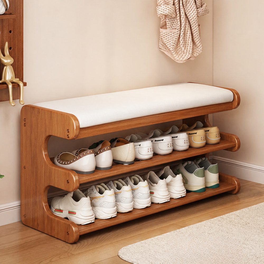 Stylish Bamboo Shoe Storage Bench with Comfortable PU Seat | Ridorn-Shoe Benches-Ridorn