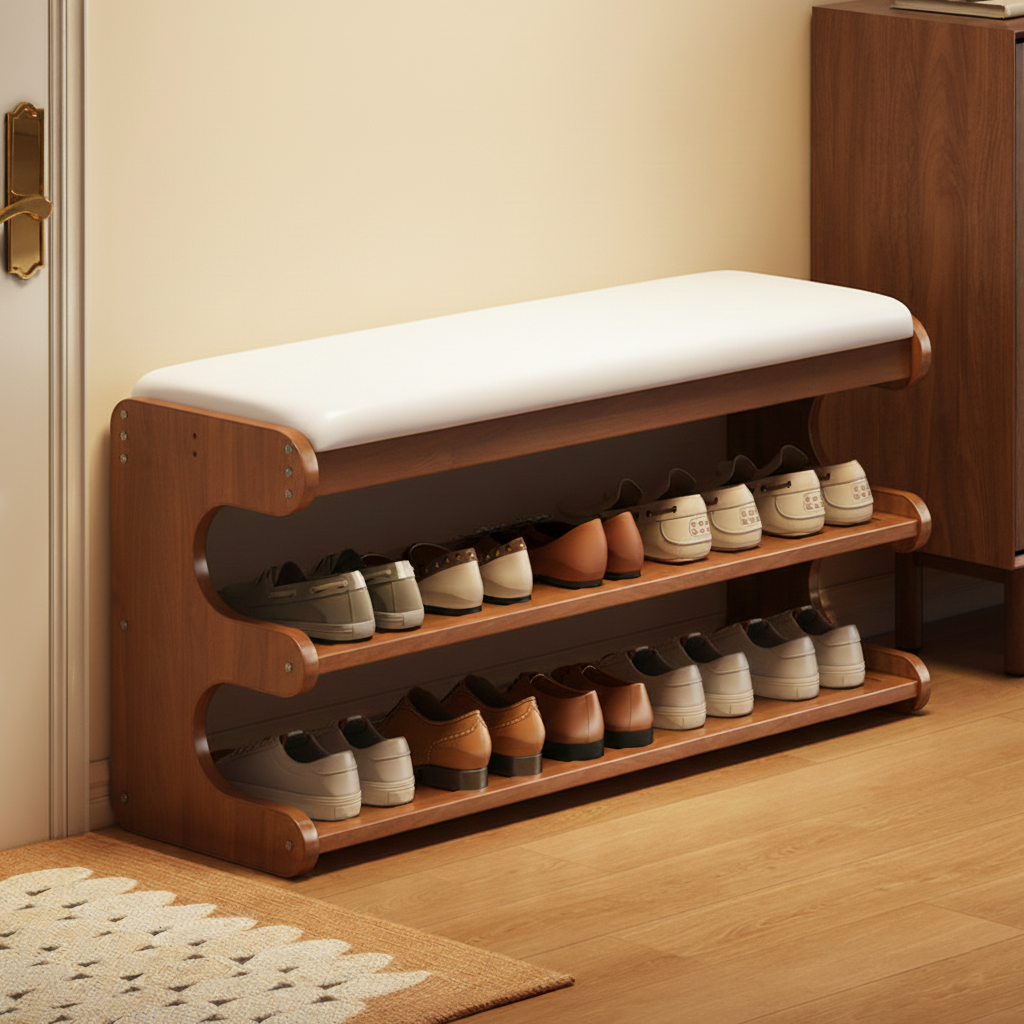 Stylish Bamboo Shoe Storage Bench with Comfortable PU Seat | Ridorn-Shoe Benches-Ridorn