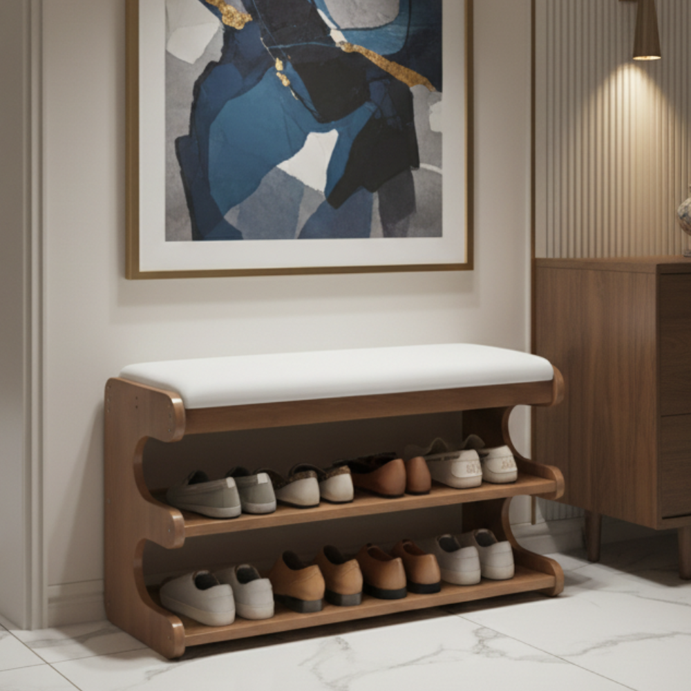Stylish Bamboo Shoe Storage Bench with Comfortable PU Seat | Ridorn-Shoe Benches-Ridorn
