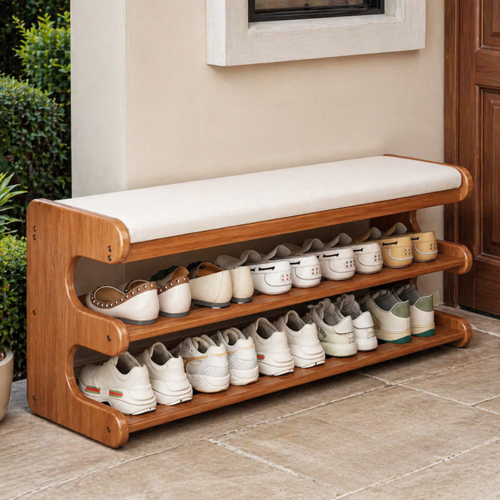 Stylish Bamboo Shoe Storage Bench with Comfortable PU Seat | Ridorn-Shoe Benches-Ridorn