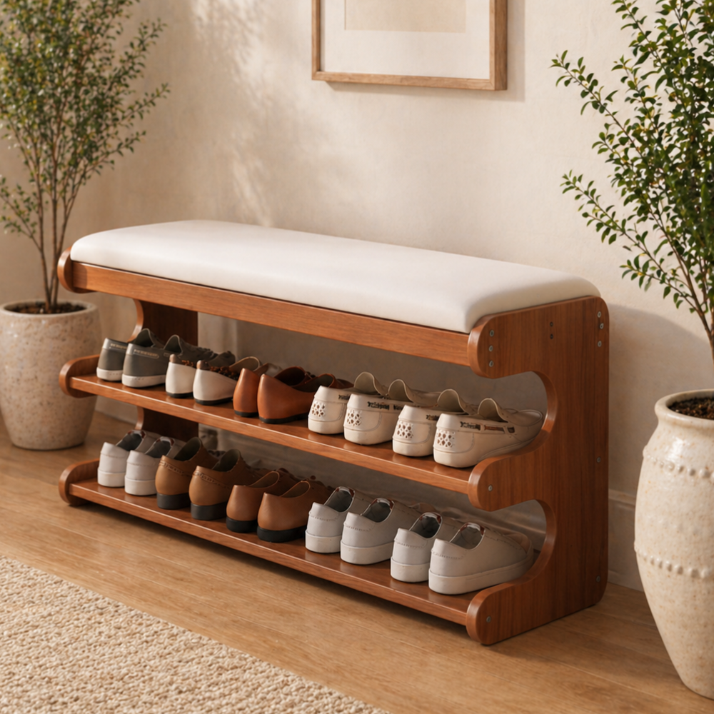 Stylish Bamboo Shoe Storage Bench with Comfortable PU Seat | Ridorn-Shoe Benches-Ridorn