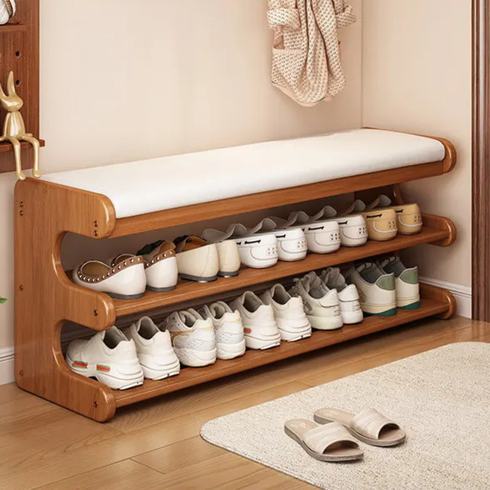 Stylish Bamboo Shoe Storage Bench with Comfortable PU Seat | Ridorn-Shoe Benches-Ridorn