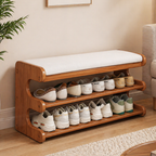 Stylish bamboo shoe storage bench with comfortable PU seat front view