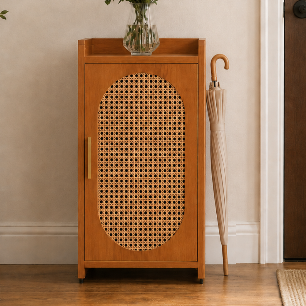 Contemporary tea color shoe storage cabinet with detachable shelves front view