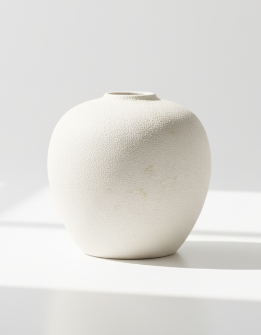 White ceramic vase sculptural design front view