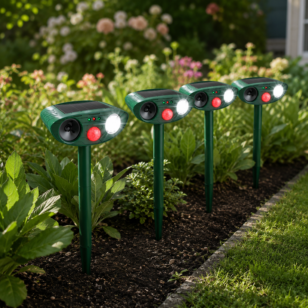 Ultrasonic Deer Repeller 4-Pack, Solar Powered Outdoor Animal Deterrent for Garden