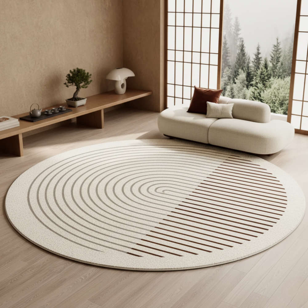 Plush round washable area rug with striped pattern front view