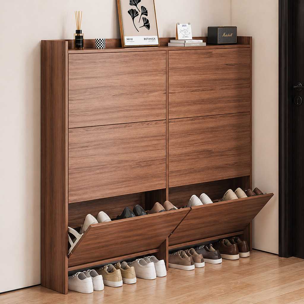 Vintage walnut shoe storage rack 3-tier flip-down front view