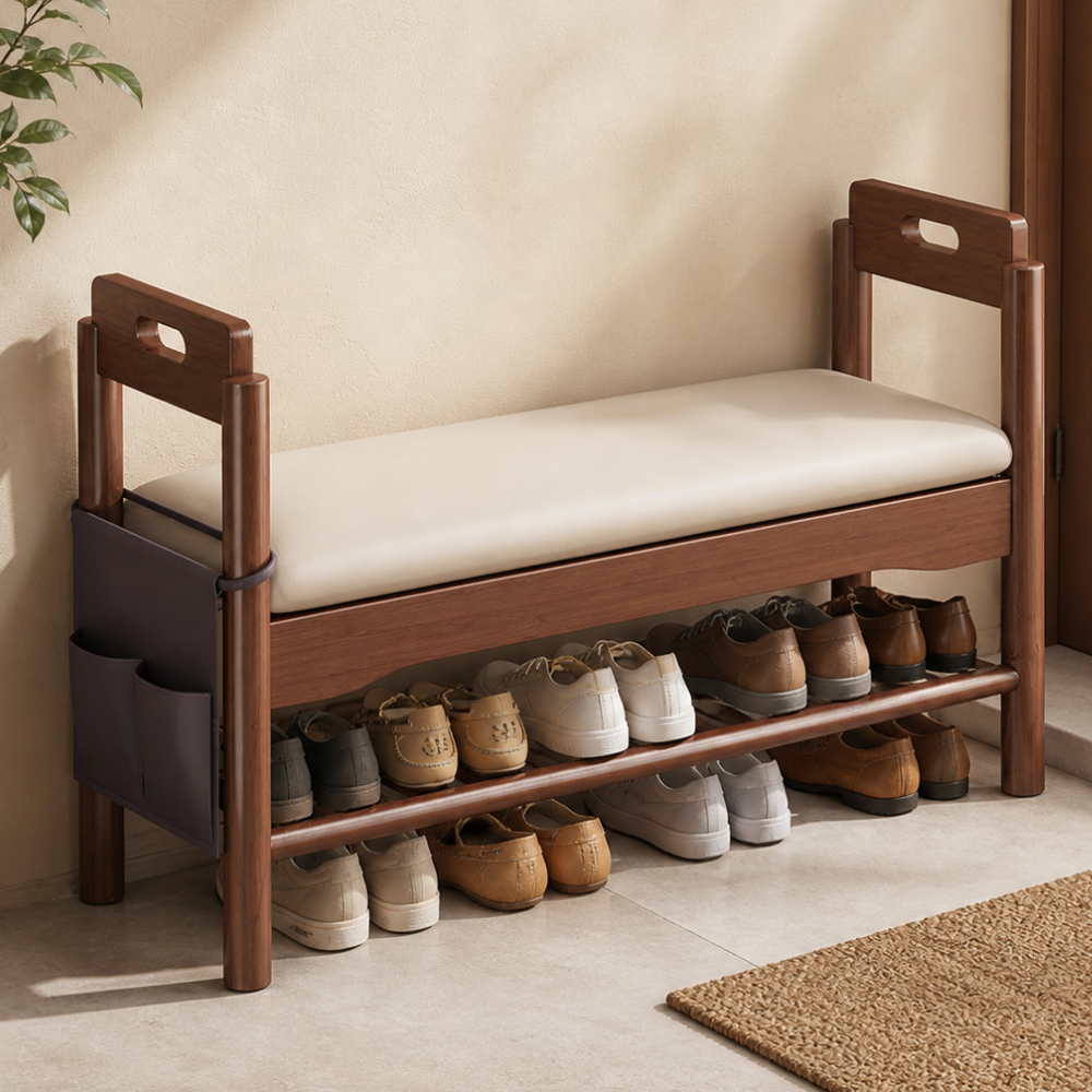 Vintage Walnut Shoe Storage Bench with Armrests and Padding | Ridorn-Benches-Ridorn