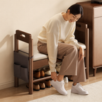 Vintage Walnut Shoe Storage Bench with Armrests and Padding | Ridorn-Benches-Ridorn