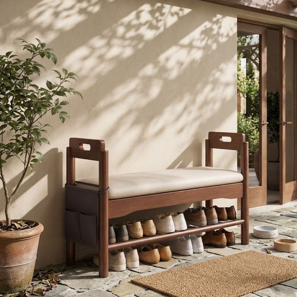 Vintage Walnut Shoe Storage Bench with Armrests and Padding | Ridorn-Benches-Ridorn