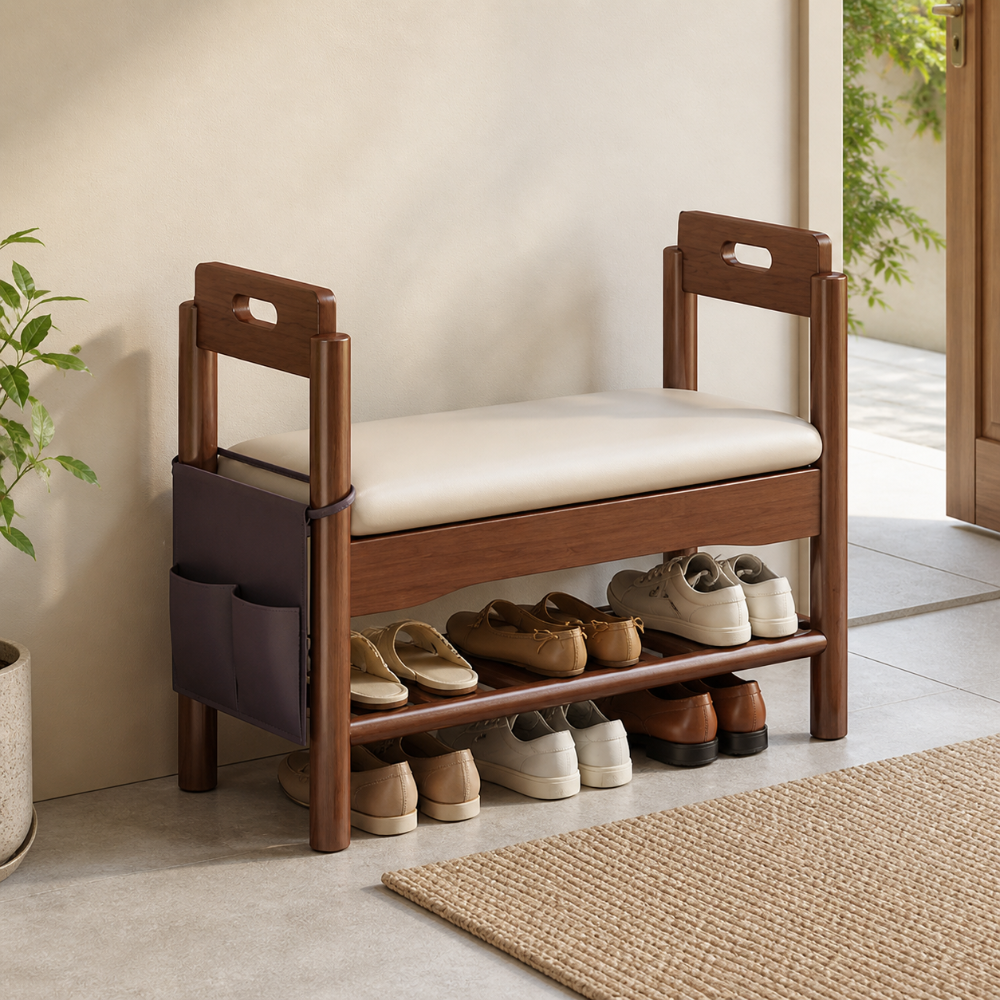 Vintage Walnut Shoe Storage Bench with Armrests and Padding | Ridorn-Benches-Ridorn