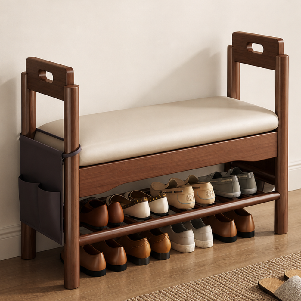 Vintage Walnut Shoe Storage Bench with Armrests and Padding | Ridorn-Benches-Ridorn