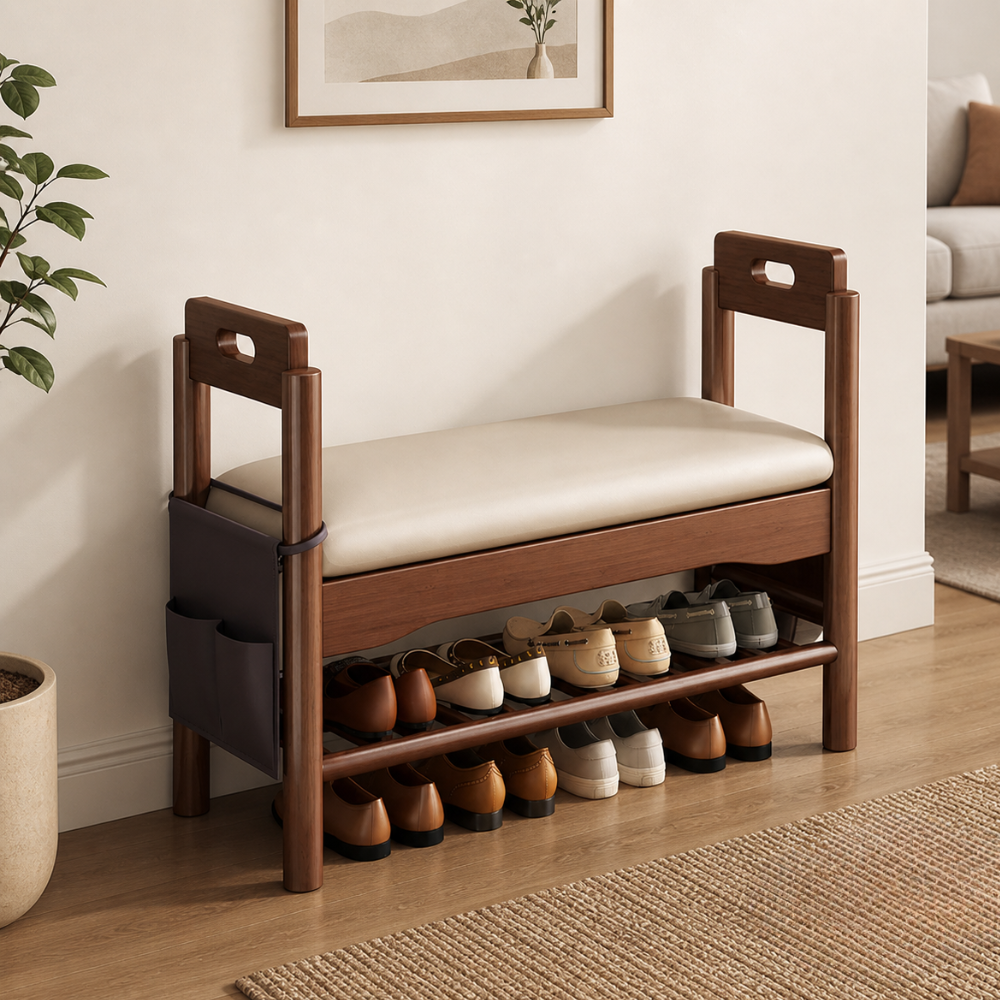 Vintage Walnut Shoe Storage Bench with Armrests and Padding | Ridorn-Benches-Ridorn