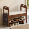 Unisex vintage walnut shoe storage bench with armrests and padding front view